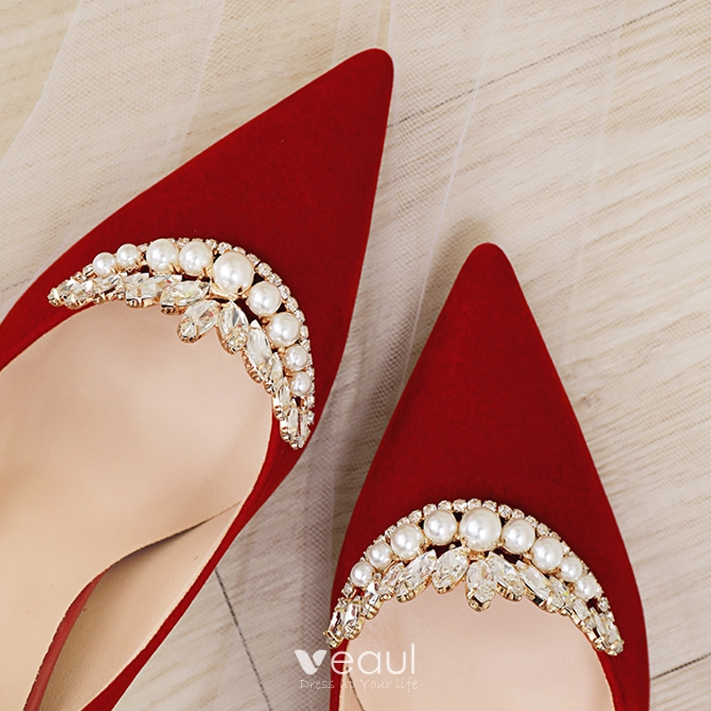 Red wedding clearance shoes with rhinestones