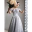 Modest / Simple Grey Evening Dresses  2021 A-Line / Princess Off-The-Shoulder Short Sleeve Backless Evening Party Floor-Length / Long Formal Dresses