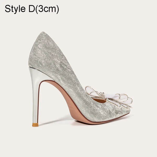 Charmig Silver Rhinestone Rosett Paljetter Brudskor 2021 Läder 10 cm Stilettklackar Spetsiga Bröllop Pumps Högklackade