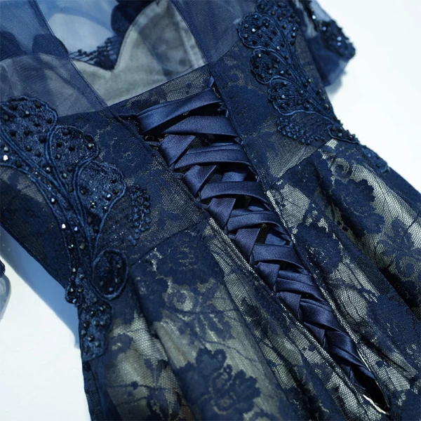 Chic / Belle Bleu Marine Robe De Ceremonie Robe De Graduation 2017 En Dentelle Paillettes Fleur Dos Nu 1/2 Manches Courte Princesse Encolure Dégagée