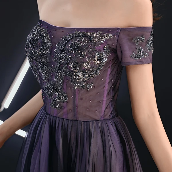 Elegant Grape Evening Dresses  2019 A-Line / Princess Off-The-Shoulder Beading Crystal Sequins Short Sleeve Backless Floor-Length / Long Formal Dresses