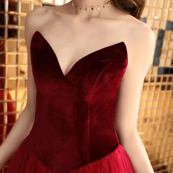 Sexy Burgundy Prom Dresses 2019 A-Line / Princess Strapless Suede Sleeveless Backless Floor-Length / Long Formal Dresses
