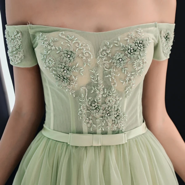 Elegant Sage Green Prom Dresses 2019 A-Line / Princess Off-The-Shoulder Lace Flower Appliques Beading Rhinestone Bow Short Sleeve Floor-Length / Long Formal Dresses