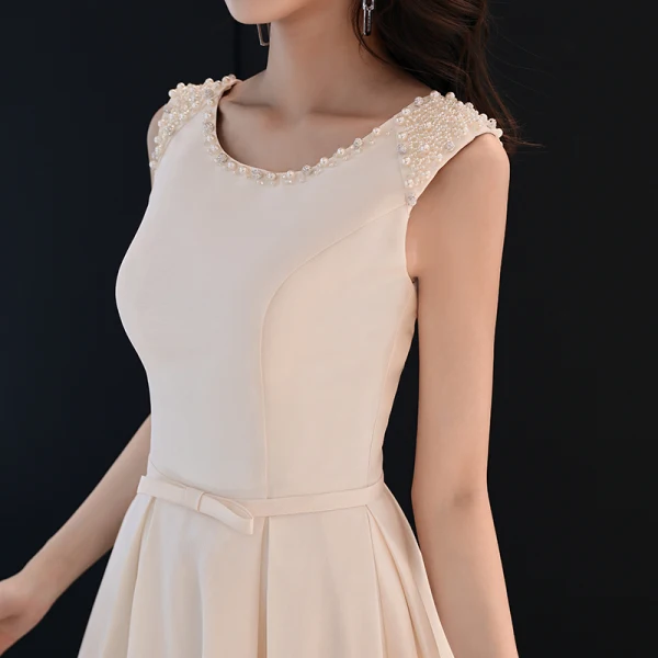 Elegant Ensfarget Champagne Selskapskjoler 2019 Prinsesse Scoop Halsen Perle Rhinestone Uten Ermer Lange Formelle Kjoler