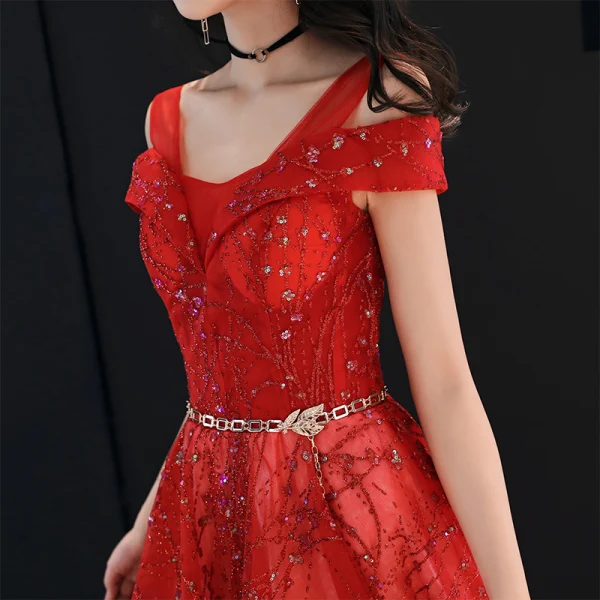 Charming Red Evening Dresses 2019 A-Line / Princess V-Neck Beading Sequins Metal Sash Glitter Tulle Short Sleeve Backless Floor-Length / Long Formal Dresses