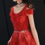 Charming Red Evening Dresses  2019 A-Line / Princess V-Neck Beading Sequins Metal Sash Glitter Tulle Short Sleeve Backless Floor-Length / Long Formal Dresses