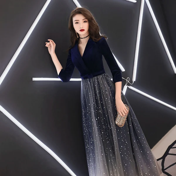 Elegant Navy Blue Evening Dresses  2019 A-Line / Princess V-Neck Suede Star Bow 3/4 Sleeve Floor-Length / Long Formal Dresses
