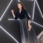 Elegant Navy Blue Evening Dresses  2019 A-Line / Princess V-Neck Suede Star Bow 3/4 Sleeve Floor-Length / Long Formal Dresses