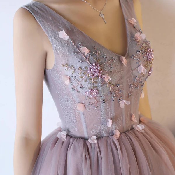 Chic / Belle Lavande Robe De Cocktail 2018 Robe Boule Perlage Perle Appliques V-Cou Dos Nu Sans Manches Mi-Longues Robe De Ceremonie