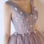 Chic / Belle Lavande Robe De Cocktail 2018 Robe Boule Perlage Perle Appliques V-Cou Dos Nu Sans Manches Mi-Longues Robe De Ceremonie