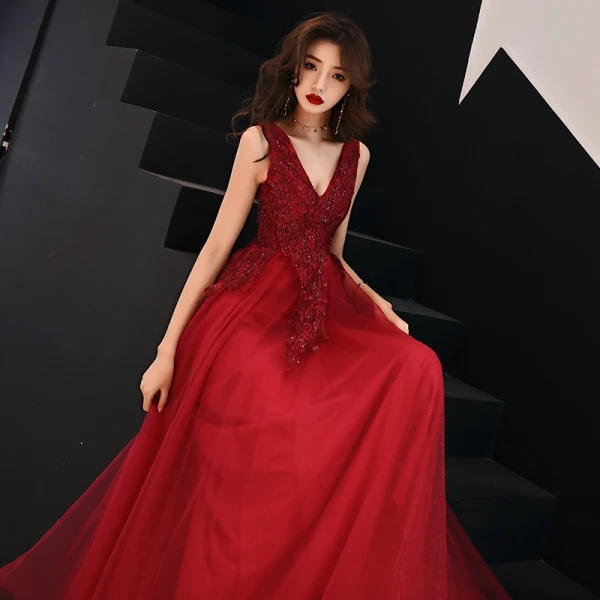 Chic / Belle Bordeaux Robe De Soirée 2019 Princesse V-Cou Sans Manches Perlage Cristal En Dentelle Fleur Dos Nu Longue Robe De Ceremonie