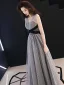 Chic / Beautiful Grey Evening Dresses  2019 A-Line / Princess V-Neck Bow Spotted Sleeveless Backless Floor-Length / Long Formal Dresses