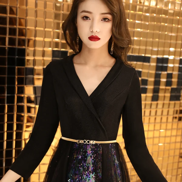 Chic / Beautiful Black Evening Dresses  2019 A-Line / Princess V-Neck Sash Sequins 3/4 Sleeve Floor-Length / Long Formal Dresses