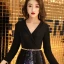 Chic / Beautiful Black Evening Dresses  2019 A-Line / Princess V-Neck Sash Sequins 3/4 Sleeve Floor-Length / Long Formal Dresses