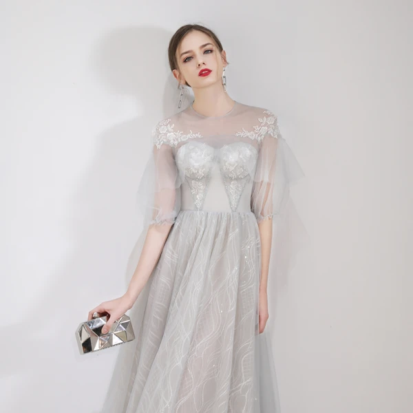 Elegant Grey Evening Dresses  2019 A-Line / Princess Scoop Neck Appliques Lace Flower 1/2 Sleeves Floor-Length / Long Formal Dresses