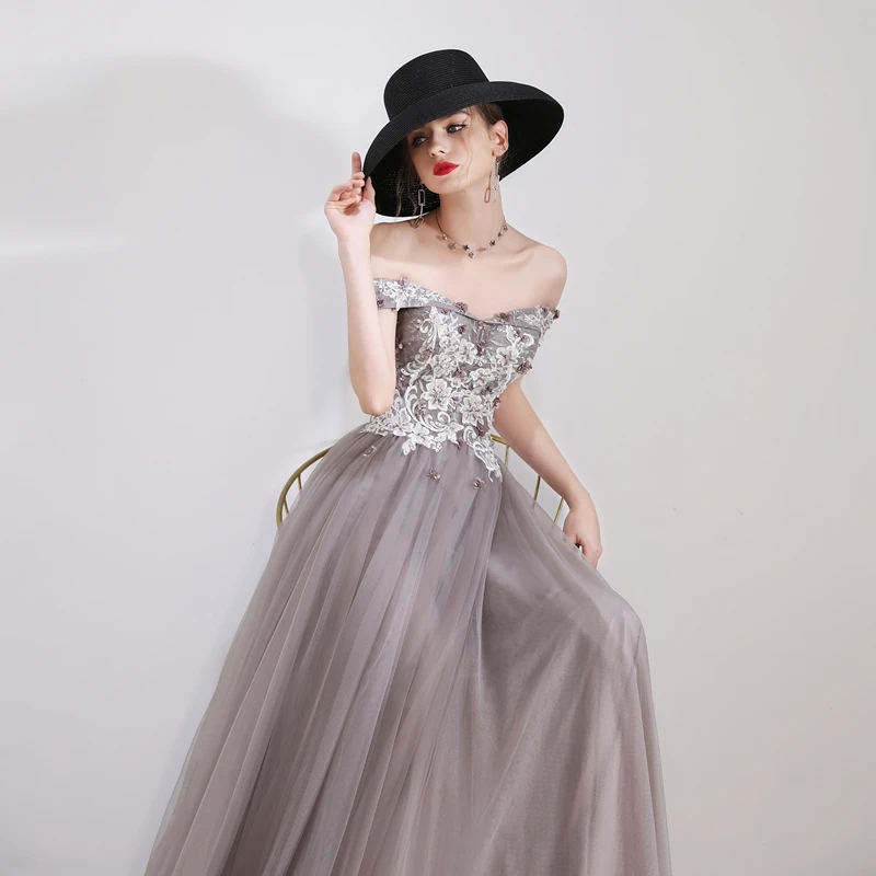 Chic Beautiful Grey Prom Dresses 2019 A Line Princess Appliques Lace Flower  Off The Shoulder Short Sleeve Backless Floor Length Long Formal Dresses