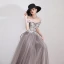 Chic / Beautiful Grey Prom Dresses 2019 A-Line / Princess Appliques Lace Flower Off-The-Shoulder Short Sleeve Backless Floor-Length / Long Formal Dresses