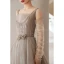 Fashion Grey Beading Prom Dresses 2021 A-Line / Princess Square Neckline Long Sleeve Bow Backless Floor-Length / Long Formal Dresses