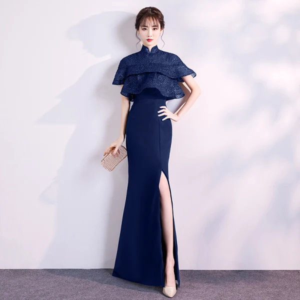 Chinese style Black Evening Dresses 2019 Trumpet / Mermaid High Neck Short Sleeve Split Front Floor-Length / Long Formal Dresses