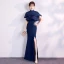Chinese style Black Evening Dresses  2019 Trumpet / Mermaid High Neck Short Sleeve Split Front Floor-Length / Long Formal Dresses
