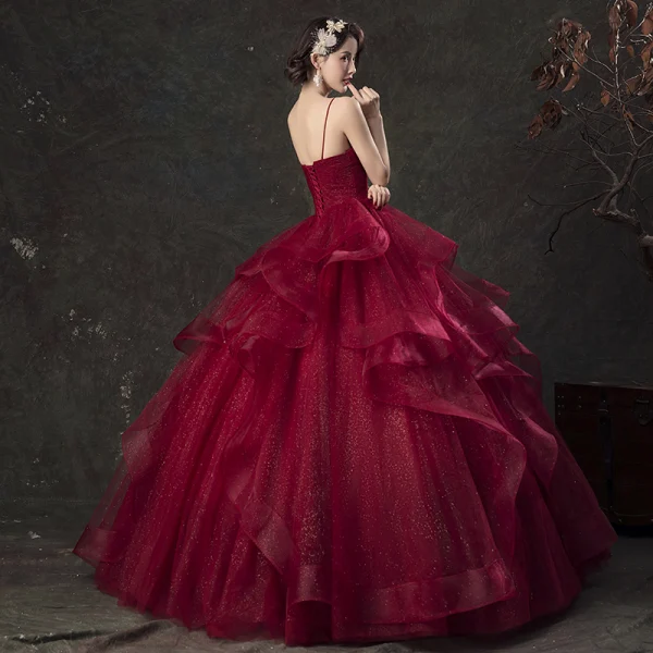 Charming Quinceañera Burgundy Prom Dresses 2019 Ball Gown Spaghetti Straps Glitter Sleeveless Backless Cascading Ruffles Floor-Length / Long Formal Dresses