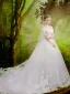 Elegant White Wedding Dresses 2019 Ball Gown Off-The-Shoulder Lace Flower Appliques Pearl Sequins Short Sleeve Backless Chapel Train