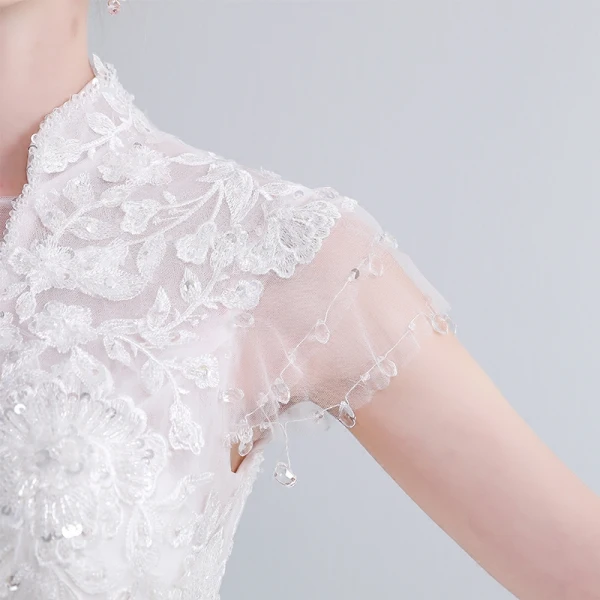 Elegant White Wedding Dresses 2019 Ball Gown High Neck Lace Flower Sequins Short Sleeve Backless Floor-Length / Long