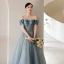 Sexy Pool Blue Prom Dresses 2021 A-Line / Princess Ruffle Off-The-Shoulder Rhinestone Short Sleeve Backless Floor-Length / Long Formal Dresses