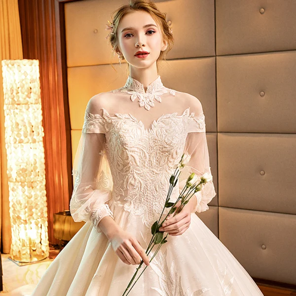 Charming Champagne Wedding Dresses 2019 Ball Gown High Neck Beading Crystal Lace Flower Long Sleeve Backless Royal Train