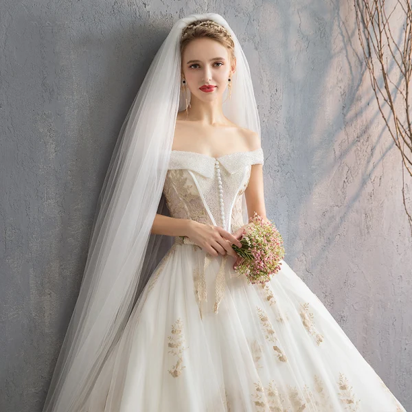 Luxury / Gorgeous Champagne 2019 Wedding Dresses Ball Gown Off-The-Shoulder Buttons Lace Flower Sleeveless Backless Royal Train
