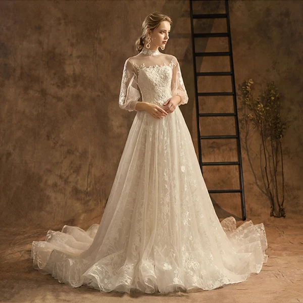 Elegant Champagne Wedding Dresses 2019 A-Line / Princess High Neck Lace Flower 3/4 Sleeve Backless Chapel Train