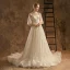Elegant Champagne Wedding Dresses 2019 A-Line / Princess High Neck Lace Flower 3/4 Sleeve Backless Chapel Train