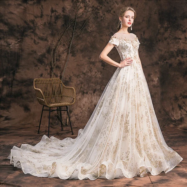 Charming Champagne 2019 Wedding Dresses A-Line / Princess Scoop Neck Lace Flower Glitter Tulle Short Sleeve Backless Cathedral Train