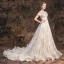 Charming Champagne 2019 Wedding Dresses A-Line / Princess Scoop Neck Lace Flower Glitter Tulle Short Sleeve Backless Cathedral Train