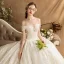 Luxury / Gorgeous Champagne Wedding Dresses 2019 Ball Gown Off-The-Shoulder Beading Pearl Rhinestone Lace Flower Short Sleeve Backless Royal Train