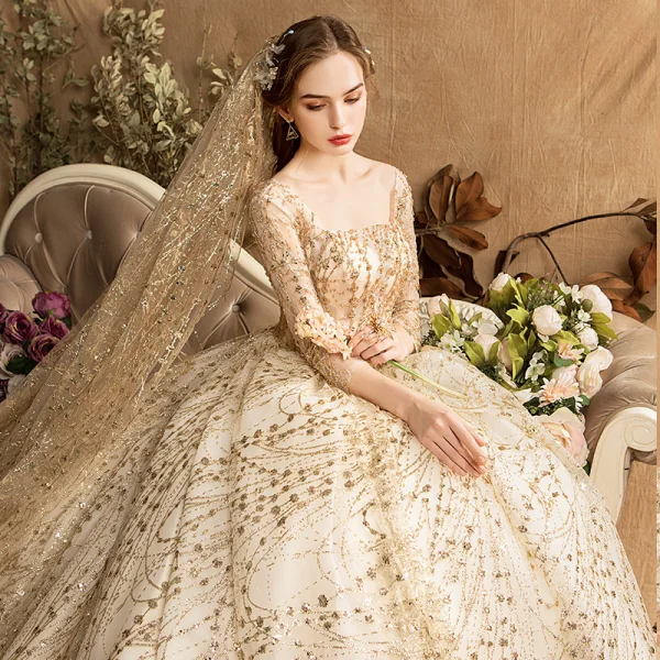 Luxury / Gorgeous Gold Wedding Dresses 2019 Ball Gown Square Neckline Glitter Tulle Beading Sequins Crystal 3/4 Sleeve Backless Royal Train