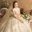 Luxury / Gorgeous Gold Wedding Dresses 2019 Ball Gown Square Neckline Glitter Tulle Beading Sequins Crystal 3/4 Sleeve Backless Royal Train