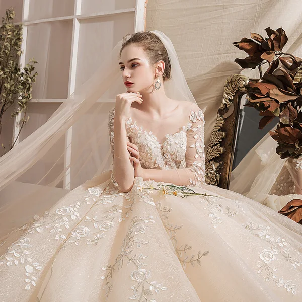 Luxury / Gorgeous Champagne Wedding Dresses 2019 Ball Gown Scoop Neck Handmade Beading Lace Flower Crystal 3/4 Sleeve Backless Royal Train