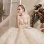 Luxury / Gorgeous Champagne Wedding Dresses 2019 Ball Gown Scoop Neck Handmade  Beading Lace Flower Crystal 3/4 Sleeve Backless Royal Train