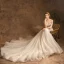 Charming Champagne Wedding Dresses 2019 A-Line / Princess Scoop Neck Beading Lace Flower Sequins 3/4 Sleeve Backless Cathedral Train Wedding