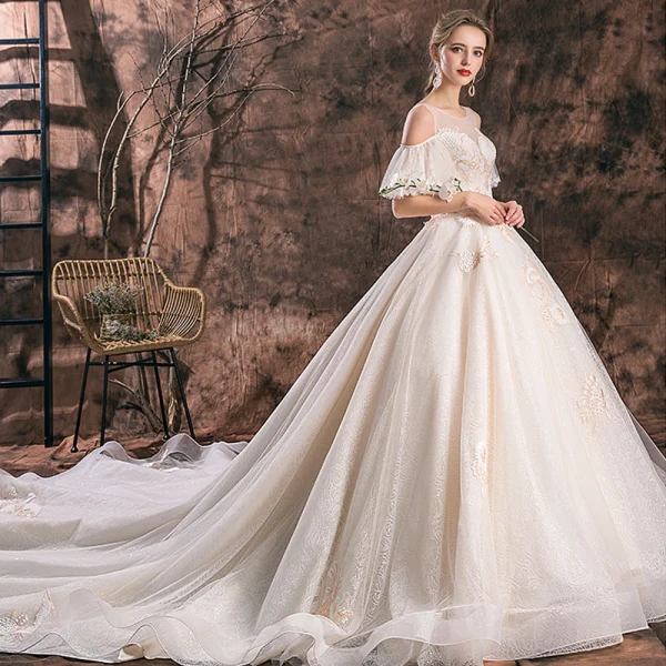 Elegant Champagne Wedding Dresses 2019 Ball Gown Scoop Neck Lace Flower Short Sleeve Backless Royal Train