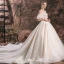 Elegant Champagne Wedding Dresses 2019 Ball Gown Scoop Neck Lace Flower Short Sleeve Backless Royal Train