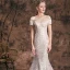 Sparkly Champagne Evening Dresses  2019 Trumpet / Mermaid Scoop Neck Glitter Lace Flower Sequins Short Sleeve Backless Chapel Train Formal Dresses