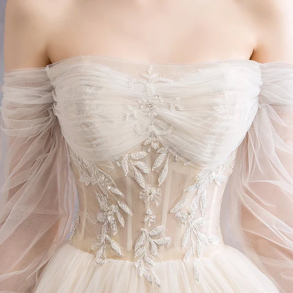 Audrey Hepburn Style Champagne Wedding Dresses 2019 Ball Gown 3/4 Sleeve Beading Sequins Crystal Flower Lace Off-The-Shoulder Backless Royal Train