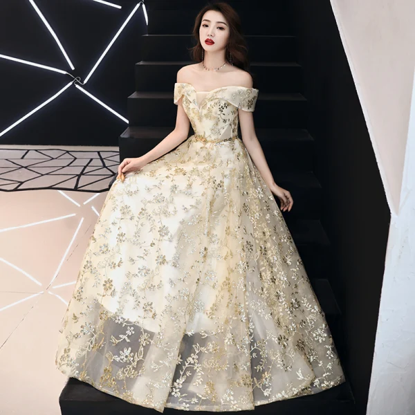 Modern / Fashion Gold Evening Dresses 2019 A-Line / Princess Off-The-Shoulder Glitter Sequins Metal Sash Short Sleeve Backless Floor-Length / Long Formal Dresses