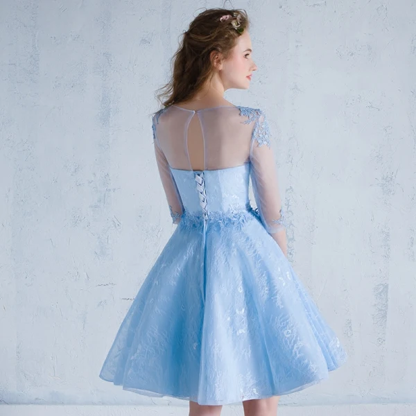 Chic / Beautiful Sky Blue Homecoming Graduation Dresses 2018 A-Line / Princess Appliques Scoop Neck Backless 1/2 Sleeves Short Formal Dresses