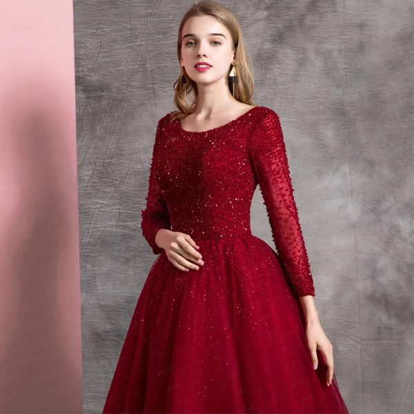 Chic / Beautiful Burgundy Prom Dresses 2019 A-Line / Princess Scoop Neck Beading Crystal Sequins Long Sleeve Backless Floor-Length / Long Formal Dresses