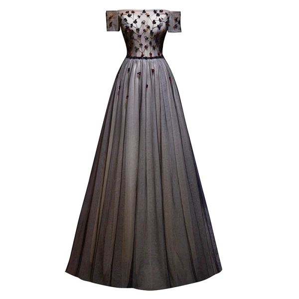 Elegant Black Prom Dresses A-Line / Princess Off-The-Shoulder Beading Crystal Appliques Short Sleeve Backless Bow Floor-Length / Long Formal Dresses