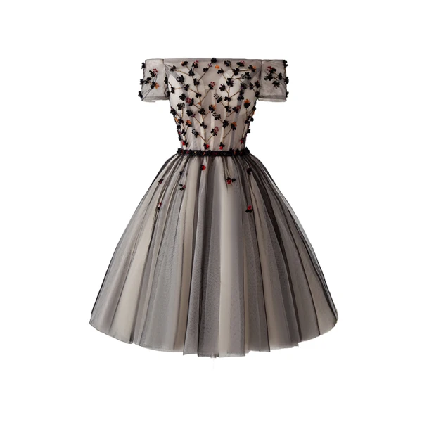 Charming Black Party Dresses 2019 A-Line / Princess Off-The-Shoulder Beading Crystal Appliques Bow Short Sleeve Backless Short Formal Dresses