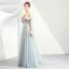 Elegant Sky Blue Prom Dresses 2019 A-Line / Princess Off-The-Shoulder Lace Flower Pearl Bow Sleeveless Backless Floor-Length / Long Formal Dresses